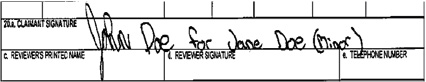 Sample of signature block on form showing how to complete for a minor.